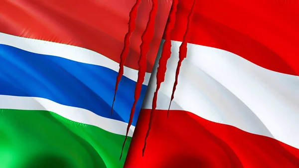 Gambia and Austria flags with scar concept. Waving flag,3D rendering. Gambia and Austria conflict concept. Gambia Austria relations concept. flag of Gambia and Austria crisis,war, attack concep