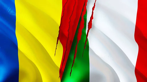 Rumania Dan Italia Bendera Dengan Konsep Bekas Luka Mengayunkan Bendera — Stok Foto