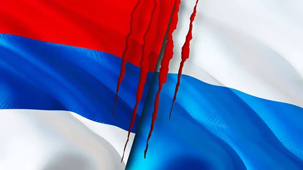 セルビアとサンマリノは傷の概念でフラグを立てます 旗を振って3Dレンダリング セルビアとサンマリノの紛争の概念 セルビア サンマリノ関係の概念 セルビアとサンマリノの旗危機戦争攻撃 — ストック写真