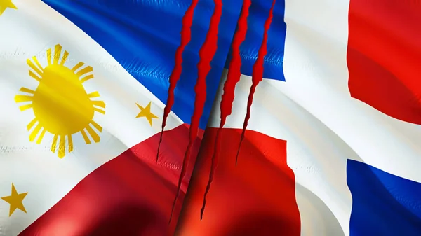 Bendera Republik Dominika Dan Filipina Dengan Konsep Bekas Luka Mengayunkan — Stok Foto