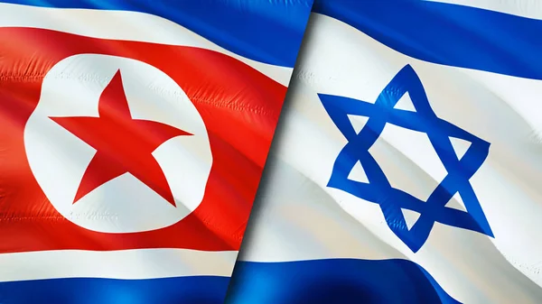 North Korea and Israel flags. 3D Waving flag design. North Korea Israel flag, picture, wallpaper. North Korea vs Israel image,3D rendering. North Korea Israel relations alliance an