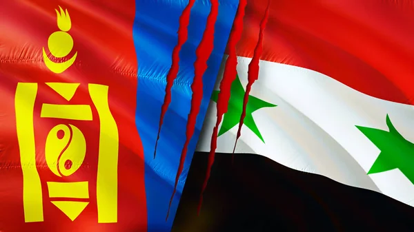 Mongolia and Syria flags with scar concept. Waving flag,3D rendering. Mongolia and Syria conflict concept. Mongolia Syria relations concept. flag of Mongolia and Syria crisis,war, attack concep