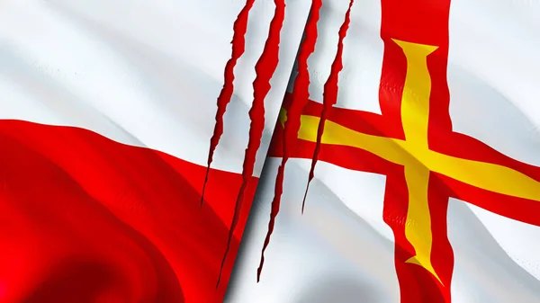 Polen Und Guernsey Flaggen Mit Narbenkonzept Fahnenschwenken Rendering Polen Und — Stockfoto