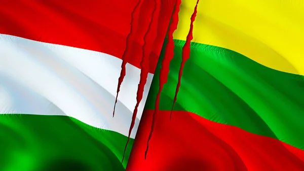 Hungary and Lithuania flags with scar concept. Waving flag,3D rendering. Hungary and Lithuania conflict concept. Hungary Lithuania relations concept. flag of Hungary and Lithuania crisis,war, attac