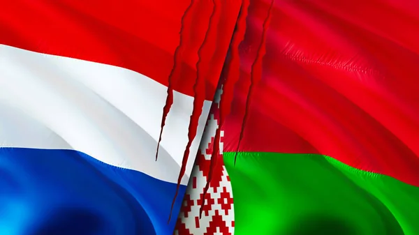 Netherlands and Belarus flags with scar concept. Waving flag,3D rendering. Netherlands and Belarus conflict concept. Netherlands Belarus relations concept. flag of Netherlands and Belaru