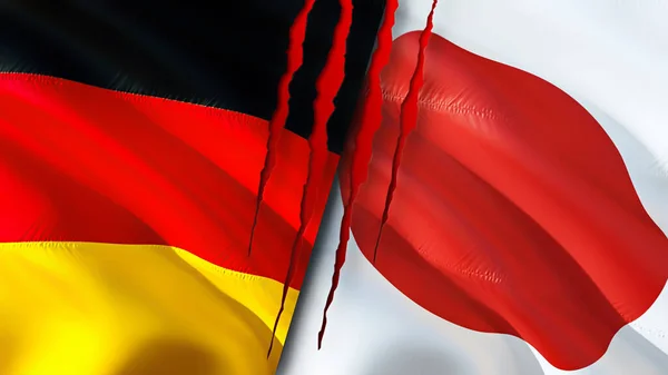 Germany and Japan flags with scar concept. Waving flag,3D rendering. Germany and Japan conflict concept. Germany Japan relations concept. flag of Germany and Japan crisis,war, attack concep
