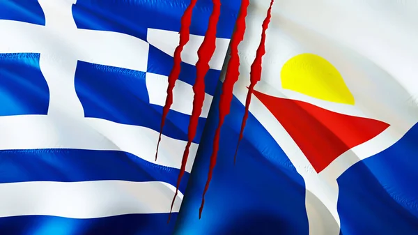 Greece and Saint Martin flags with scar concept. Waving flag,3D rendering. Greece and Saint Martin conflict concept. Greece Saint Martin relations concept. flag of Greece and Saint Marti