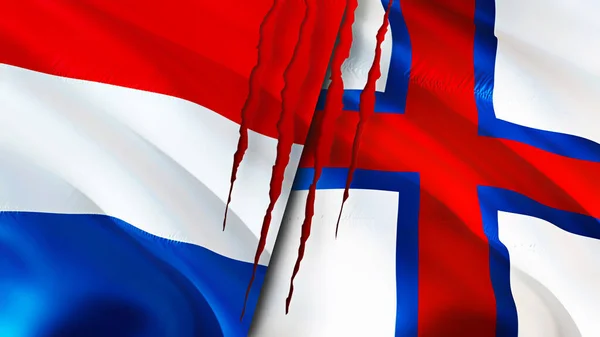 オランダとフェロー諸島は 傷の概念でフラグを立てます 旗を振って3Dレンダリング オランダとフェロー諸島の紛争の概念 オランダフェロー諸島関係の概念 オランダの国旗 — ストック写真