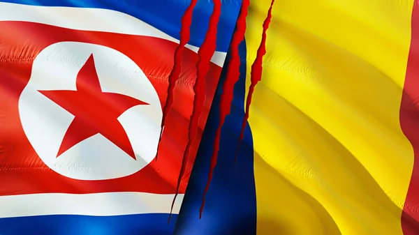 North Korea and Chad flags with scar concept. Waving flag,3D rendering. North Korea and Chad conflict concept. North Korea Chad relations concept. flag of North Korea and Chad crisis,war, attac