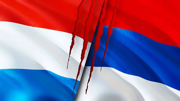 ルクセンブルクとセルビアは傷の概念でフラグを立てます 旗を振って3Dレンダリング ルクセンブルクとセルビアの紛争の概念 ルクセンブルク セルビア関係の概念 ルクセンブルクとセルビアの危機戦争攻撃の旗 — ストック写真