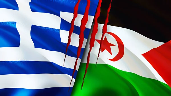 Greece and Western Sahara flags with scar concept. Waving flag,3D rendering. Greece and Western Sahara conflict concept. Greece Western Sahara relations concept. flag of Greece and Western Sahar