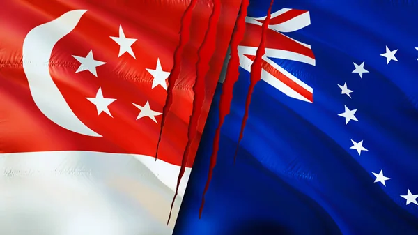 有疤痕概念的新加坡和库克群岛国旗 飘扬的旗帜 3D渲染 新加坡和库克群岛冲突概念 新加坡库克群岛关系概念 新加坡国旗和Coo国旗 — 图库照片