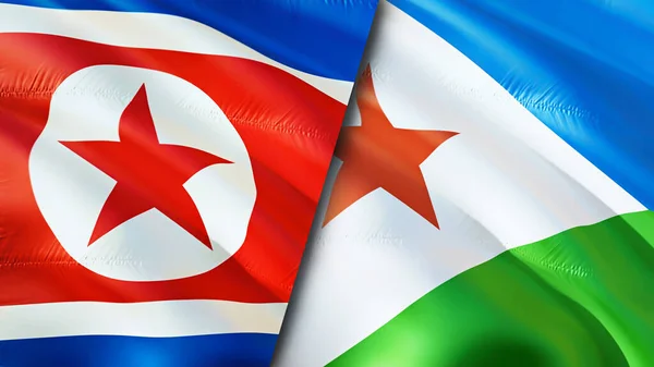 North Korea and Djibouti flags. 3D Waving flag design. North Korea Djibouti flag, picture, wallpaper. North Korea vs Djibouti image,3D rendering. North Korea Djibouti relations alliance
