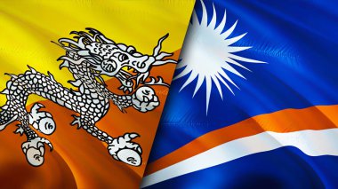 Butan ve Marshall Adaları bayrakları. 3 boyutlu dalgalanan bayrak tasarımı. Butan Marshall Adaları bayrağı, resim, duvar kağıdı. Bhutan, Marshall Adaları 'na karşı. Görüntü 3 boyutlu. Bhutan Marshall Adaları ilişkileri ittifak