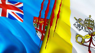 Yara izi olan Fiji ve Vatikan bayrakları. Dalgalanan bayrak, 3 boyutlu görüntüleme. Fiji ve Vatikan çatışma konsepti. Fiji Vatikan ilişkileri kavramı. Fiji ve Vatikan bayrağı krizi, savaş, saldırı konsepti