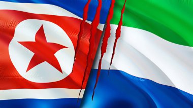 Kuzey Kore ve Sierra Leone yara izi olan bayraklar. Dalgalanan bayrak, 3 boyutlu görüntüleme. Kuzey Kore ve Sierra Leone çatışma konsepti. Kuzey Kore Sierra Leone ilişkileri kavramı. Kuzey Kore bayrağı