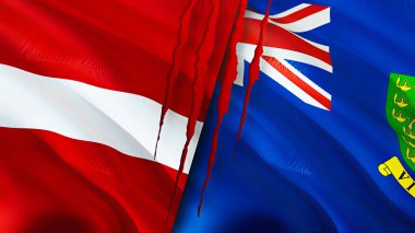 Letonya ve Britanya Virjin Adaları yara izi olan bayraklar. Dalgalanan bayrak, 3 boyutlu görüntüleme. Letonya ve Britanya Virjin Adaları çatışma konsepti. Letonya Britanya Virjin Adaları ilişkileri kavramı. bayrak o