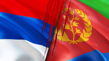 Sırbistan ve Eritrea yara izi kavramına sahip bayraklar. Dalgalanan bayrak, 3 boyutlu görüntüleme. Sırbistan ve Eritre ihtilafı kavramı. Sırbistan Eritre ilişkileri kavramı. Sırbistan ve Eritre bayrağı kriz, savaş, saldırı konsepti