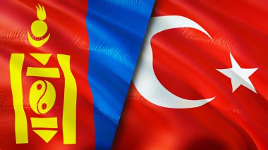 Moğolistan ve Hindi bayrakları. 3 boyutlu dalgalanan bayrak tasarımı. Moğolistan hindi bayrağı, resim, duvar kağıdı. Moğolistan Türkiye 'ye karşı, görüntü 3D. Moğolistan Türkiye ilişkileri ittifak ve ticaret, seyahat, turizm konsepti