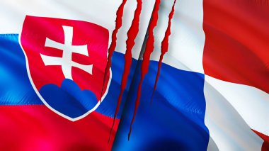 Slovakya ve Panama bayraklarında yara izi var. Dalgalanan bayrak, 3 boyutlu görüntüleme. Slovakya ve Panama çatışma konsepti. Slovakya Panama ilişkileri kavramı. Slovakya bayrağı ve Panama krizi, savaş, saldırı konsepti