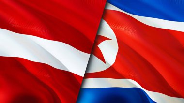 Letonya ve Kuzey Kore bayrakları. 3 boyutlu dalgalanan bayrak tasarımı. Letonya Kuzey Kore bayrağı, resim, duvar kağıdı. Letonya, Kuzey Kore 'ye karşı, görüntü 3 boyutlu. Letonya Kuzey Kore ilişkileri ittifakı