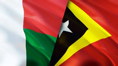 Madagaskar ve Doğu Timor bayrakları. 3 boyutlu dalgalanan bayrak tasarımı. Madagaskar Doğu Timor bayrağı, resim, duvar kağıdı. Madagaskar, Doğu Timor 'a karşı, görüntü 3 boyutlu. Madagaskar Doğu Timor ilişkileri bir ittifak