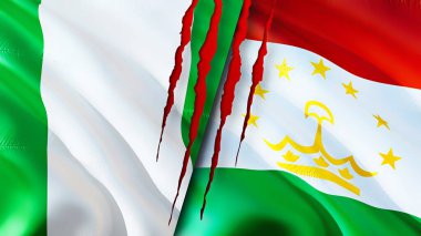 Yara izi olan Nijerya ve Tacikistan bayrakları. Dalgalanan bayrak, 3 boyutlu görüntüleme. Nijerya ve Tacikistan çatışma konsepti. Nijerya Tacikistan ilişkileri kavramı. Nijerya bayrağı ve Tacikistan krizi, savaş