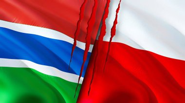 Gambiya ve Polonya yara izi olan bayraklar. Dalgalanan bayrak, 3 boyutlu görüntüleme. Gambiya ve Polonya çatışma konsepti. Gambiya Polonya ilişkileri kavramı. Gambiya ve Polonya bayrağı krizi, savaş, saldırı konsepti