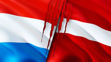 Yara izi olan Lüksemburg ve Letonya bayrakları. Dalgalanan bayrak, 3 boyutlu görüntüleme. Lüksemburg ve Letonya çatışma konsepti. Lüksemburg Letonya ilişkileri kavramı. Lüksemburg bayrağı ve Letonya krizi, savaş, attac