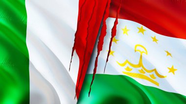 İtalya ve Tacikistan bayraklarında yara izi var. Dalgalanan bayrak, 3 boyutlu görüntüleme. İtalya ve Tacikistan çatışma konsepti. İtalya Tacikistan ilişkileri kavramı. İtalya ve Tacikistan bayrağı krizi, savaş, attac