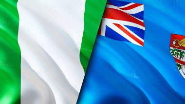 Nijerya ve Fiji bayrakları. 3 boyutlu dalgalanan bayrak tasarımı. Nijerya Fiji bayrağı, resim, duvar kağıdı. Nijerya, Fiji imajına karşı, 3 boyutlu canlandırma. Nijerya Fiji ilişkileri ittifak ve ticaret, seyahat, turizm konsepti