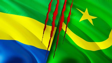 Gabon ve Moritanya yara izi olan bayraklar. Dalgalanan bayrak, 3 boyutlu görüntüleme. Gabon ve Moritanya çatışma konsepti. Gabon Moritanya ilişkileri kavramı. Gabon ve Moritanya bayrağı krizi, savaş, attac
