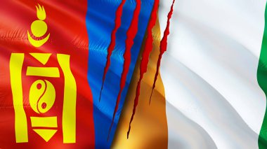 Moğolistan ve Fildişi Sahili bayrakları yara izi konseptiyle. Dalgalanan bayrak, 3 boyutlu görüntüleme. Moğolistan ve Fildişi Sahili çatışma konsepti. Moğolistan Fildişi İlişkileri konsepti. Moğolistan ve Cot bayrağı