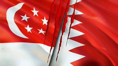 Yara izi olan Singapur ve Bahreyn bayrakları. Dalgalanan bayrak, 3 boyutlu görüntüleme. Singapur ve Bahreyn çatışma konsepti. Singapur Bahreyn ilişkileri kavramı. Singapur ve Bahreyn bayrağı krizi, savaş, attac