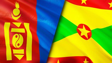 Moğolistan ve Grenada bayrakları. 3 boyutlu dalgalanan bayrak tasarımı. Moğolistan Grenada bayrağı, resim, duvar kağıdı. Moğolistan, Grenada 'ya karşı, görüntü 3 boyutlu. Moğolistan Grenada ilişkileri ittifak ve ticaret, seyahat, turnuva
