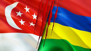 Yara izi olan Singapur ve Mauritius bayrakları. Dalgalanan bayrak, 3 boyutlu görüntüleme. Singapur ve Mauritius çatışma konsepti. Singapur Mauritius ilişkileri kavramı. Singapur ve Mauritiu bayrağı