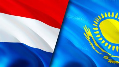 Hollanda ve Kazakistan bayrakları. 3 boyutlu dalgalanan bayrak tasarımı. Hollanda Kazakistan bayrağı, resmi, duvar kağıdı. Hollanda, Kazakistan 'a karşı, görüntü 3 boyutlu. Hollanda Kazakistan 'la ittifak