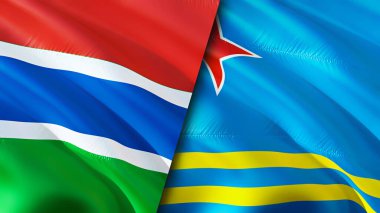 Gambiya ve Aruba bayrakları. 3 boyutlu dalgalanan bayrak tasarımı. Gambiya Aruba bayrağı, resim, duvar kağıdı. Gambiya, Aruba 'ya karşı, görüntü 3 boyutlu. Gambiya Aruba ilişkileri ittifak ve ticaret, seyahat, turizm konsepti