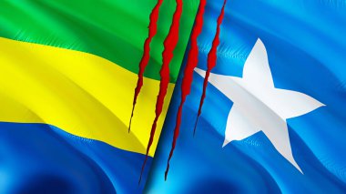 Gabon ve Somali bayrakları yara izi konseptiyle. Dalgalanan bayrak, 3 boyutlu görüntüleme. Gabon ve Somali çatışma konsepti. Gabon Somali ilişkileri kavramı. Gabon ve Somali bayrağı krizi, savaş, saldırı konsepti