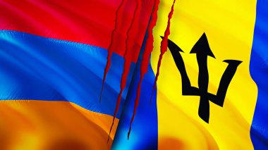Yara izi olan Ermenistan ve Barbados bayrakları. Dalgalanan bayrak, 3 boyutlu görüntüleme. Ermenistan ve Barbados çatışma konsepti. Ermenistan Barbados ilişkileri kavramı. Ermenistan bayrağı ve Barbados krizi, savaş,