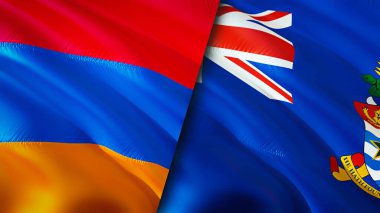 Ermenistan ve Cayman Adaları bayrakları. 3 boyutlu dalgalanan bayrak tasarımı. Ermenistan Cayman Adaları bayrağı, resim, duvar kağıdı. Ermenistan, Cayman Adaları 'na karşı. Görüntü 3D. Ermenistan Cayman Adaları ilişkileri