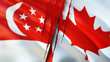 Singapur ve Kanada bayrakları ve yara izi konsepti. Dalgalanan bayrak, 3 boyutlu görüntüleme. Singapur ve Kanada çatışma konsepti. Singapur Kanada ilişkileri kavramı. Singapur bayrağı ve Kanada krizi, savaş, attac