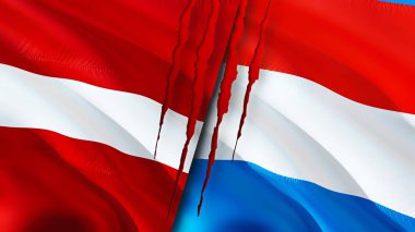 Letonya ve Lüksemburg bayrakları ve yara izi konsepti. Dalgalanan bayrak, 3 boyutlu görüntüleme. Letonya ve Lüksemburg çatışma konsepti. Letonya Lüksemburg ilişkileri kavramı. Letonya ve Lüksemburg bayrağı krizi, savaş, attac