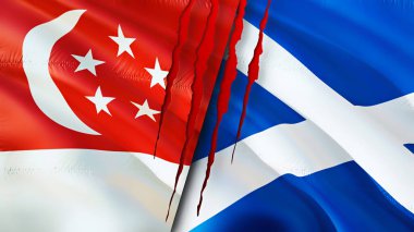 Yara izi olan Singapur ve İskoçya bayrakları. Dalgalanan bayrak, 3 boyutlu görüntüleme. Singapur ve İskoçya çatışma konsepti. Singapur İskoçya ilişkileri kavramı. Singapur bayrağı ve İskoçya krizi, savaş