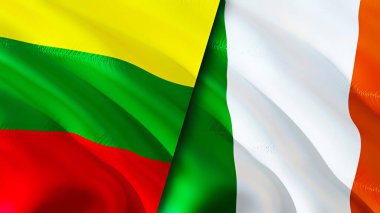 Litvanya ve İrlanda bayrakları. 3 boyutlu dalgalanan bayrak tasarımı. Litvanya İrlanda bayrağı, resim, duvar kağıdı. Litvanya, İrlanda imajına karşı, 3 boyutlu canlandırma. Litvanya İrlanda ilişkileri ittifak ve ticaret, seyahat, turnuva