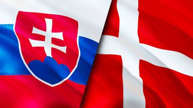 Slovakya ve Danimarka bayrakları. 3 boyutlu dalgalanan bayrak tasarımı. Slovakya Danimarka bayrağı, resim, duvar kağıdı. Slovakya, Danimarka imajına karşı, 3D görüntüleme. Slovakya Danimarka ilişkileri ittifak ve ticaret, seyahat, turnuva