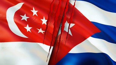 Yara izi olan Singapur ve Küba bayrakları. Dalgalanan bayrak, 3 boyutlu görüntüleme. Singapur ve Küba çatışma konsepti. Singapur Küba ilişkileri kavramı. Singapur bayrağı ve Küba krizi, savaş, saldırı konsepti