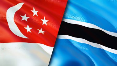 Singapur ve Botswana bayrakları. 3 boyutlu dalgalanan bayrak tasarımı. Singapur Botswana bayrağı, resim, duvar kağıdı. Singapur, Botswana 'ya karşı, görüntü 3 boyutlu. Singapur Botsvana İlişkiler Birliği