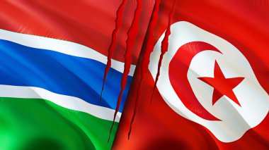 Gambiya ve Tunus bayrakları yara izi konseptiyle. Dalgalanan bayrak, 3 boyutlu görüntüleme. Gambiya ve Tunus çatışma konsepti. Gambiya Tunus ilişkileri kavramı. Gambiya ve Tunus bayrağı krizi, savaş, saldırı konsepti