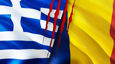 Yunanistan ve Çad yara izi kavramlı bayraklar. Dalgalanan bayrak, 3 boyutlu görüntüleme. Yunanistan ve Çad çatışma konsepti. Yunanistan Çad ilişkileri kavramı. Yunanistan bayrağı ve Çad krizi, savaş, saldırı konsepti